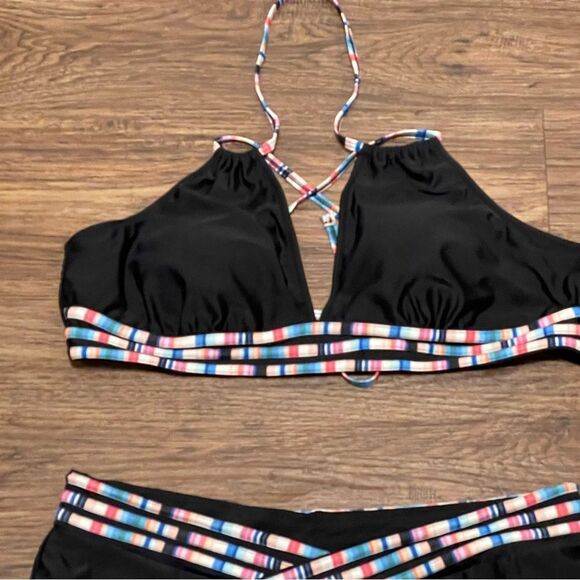 Black and Multicolor Striped Women's Swim Set 2 Piece Halter Neckline Size XL - Picture 5 of 14